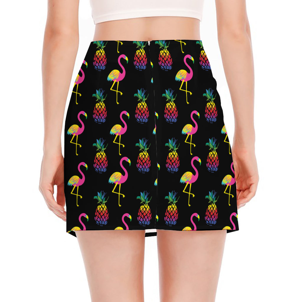 Rainbow Pineapple And Flamingo Print Side Slit Mini Skirt