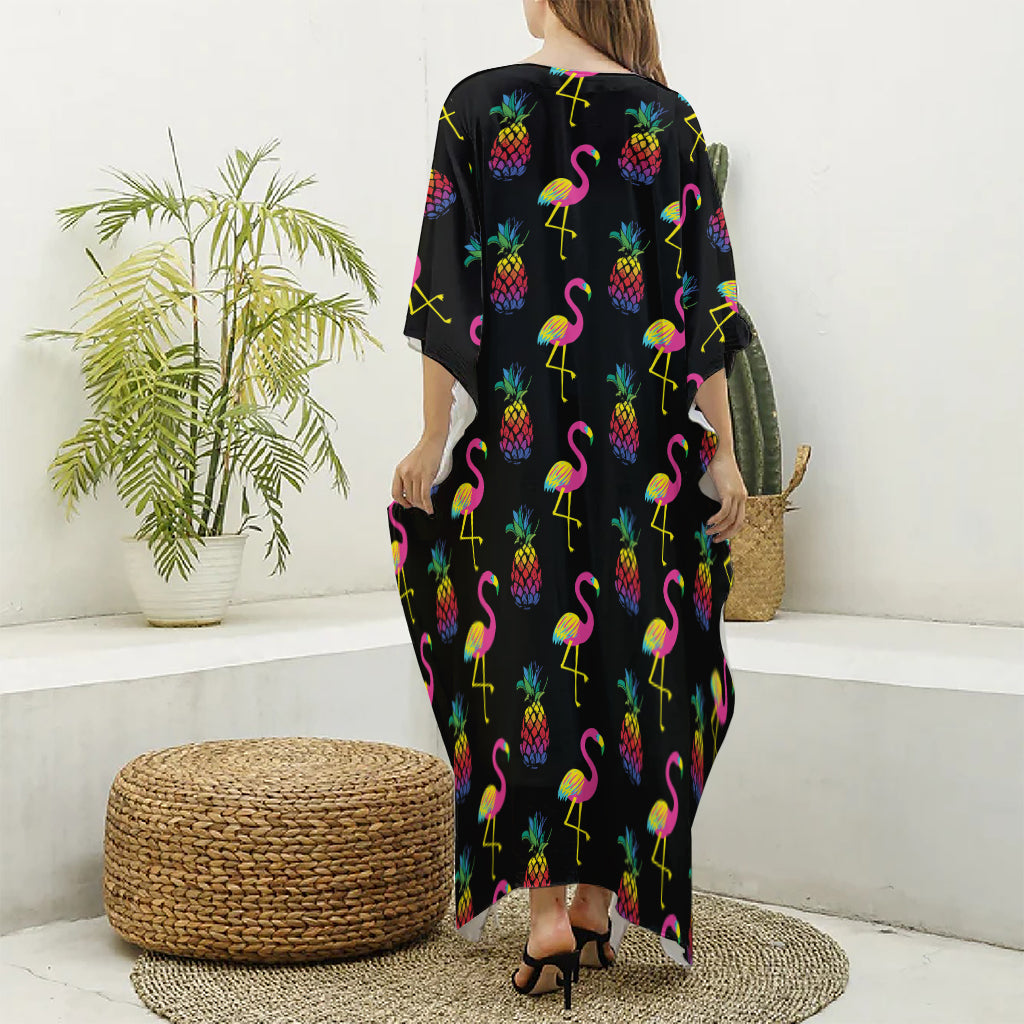 Rainbow Pineapple And Flamingo Print Silk V-Neck Kaftan Dress