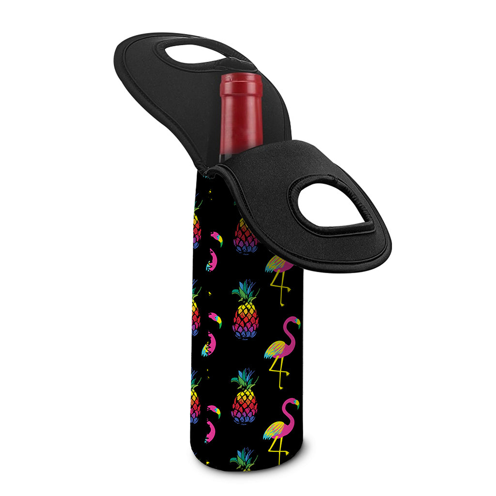 Rainbow Pineapple And Flamingo Print Single Neoprene Wine Tote