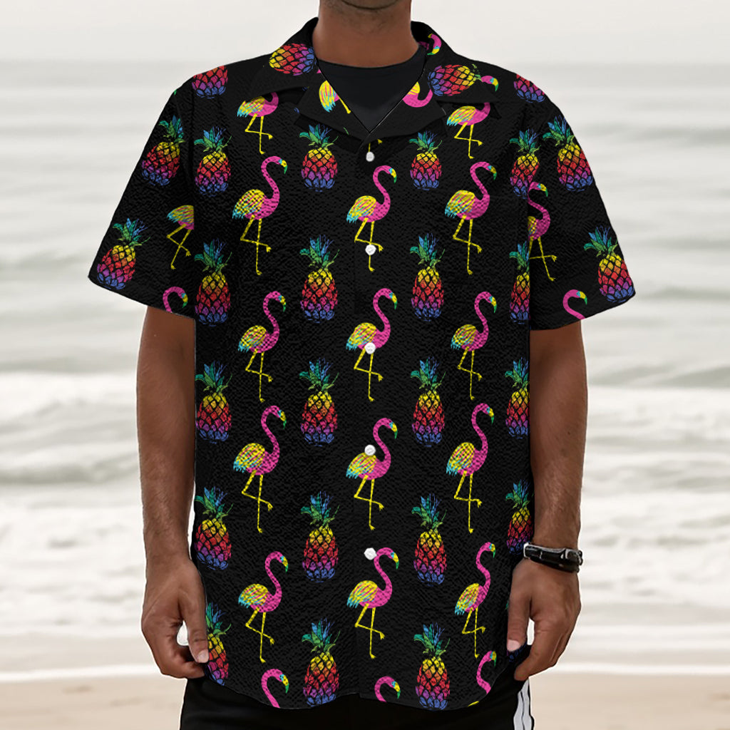 Rainbow Pineapple And Flamingo Print Textured Short Sleeve Shirt