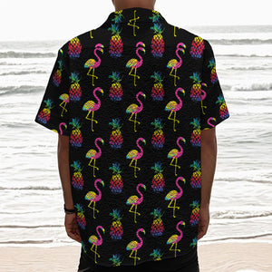 Rainbow Pineapple And Flamingo Print Textured Short Sleeve Shirt