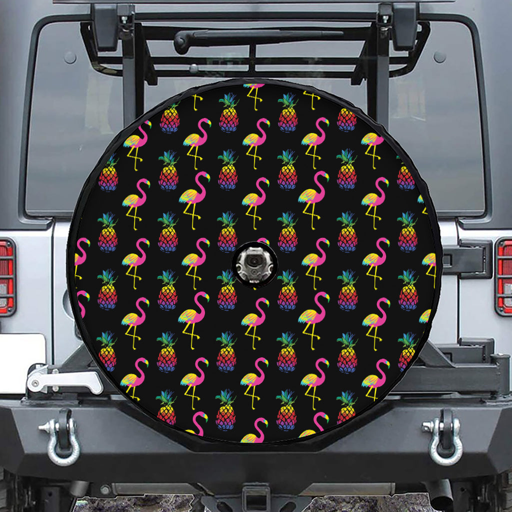 Rainbow Pineapple And Flamingo Print Tire Cover With Camera Hole