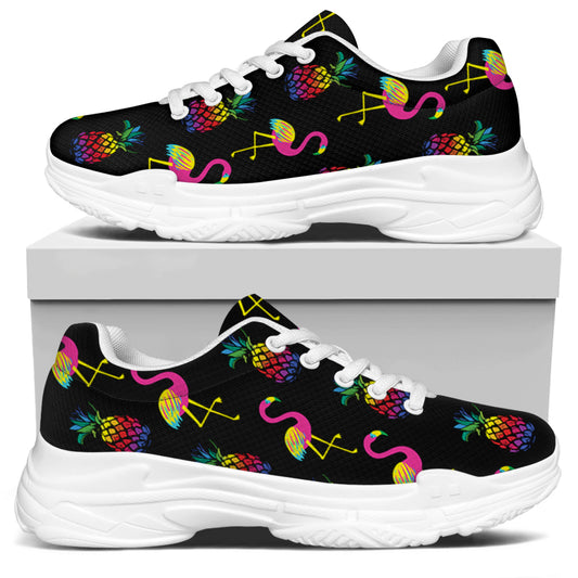 Rainbow Pineapple And Flamingo Print White Chunky Shoes
