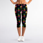 Rainbow Pineapple And Flamingo Print Women's Capri Leggings