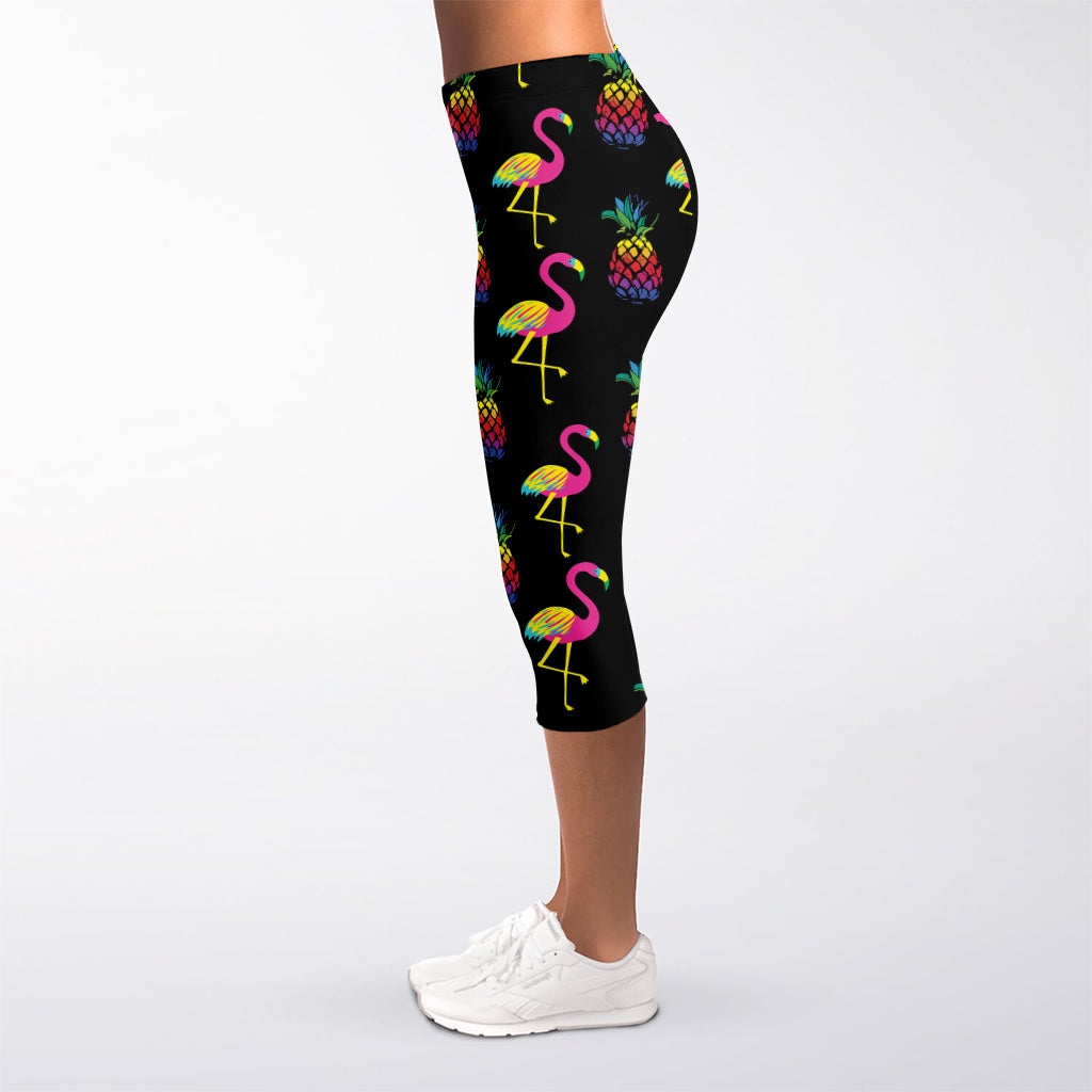 Rainbow Pineapple And Flamingo Print Women's Capri Leggings
