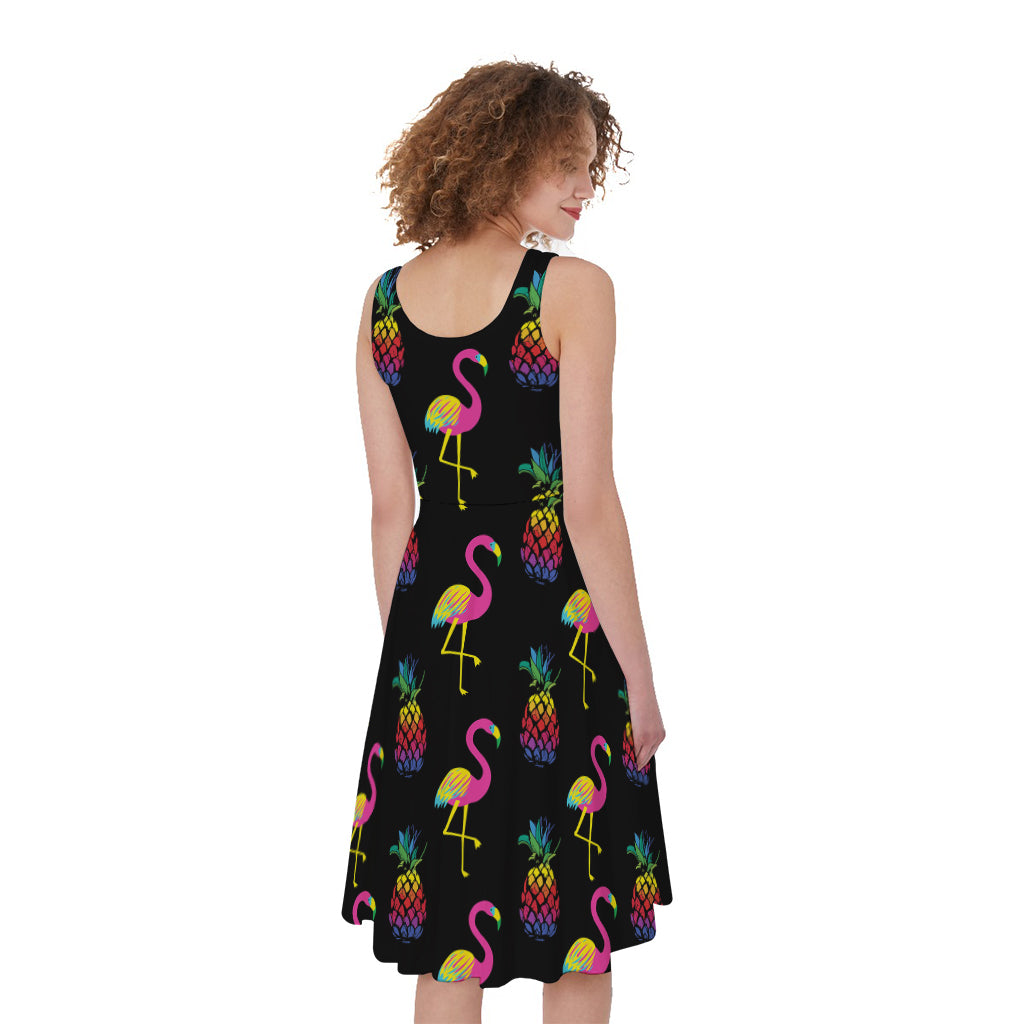 Rainbow Pineapple And Flamingo Print Women's Sleeveless Dress