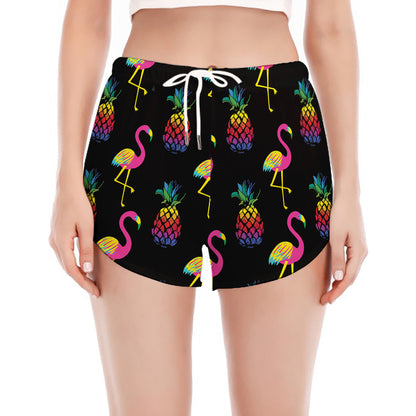 Rainbow Pineapple And Flamingo Print Women's Split Running Shorts