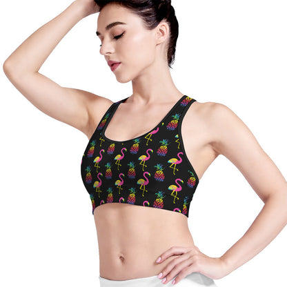 Rainbow Pineapple And Flamingo Print Women's Sports Bra