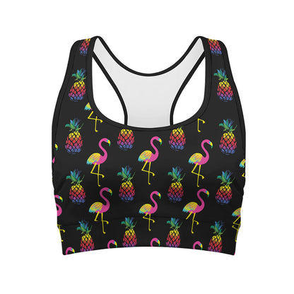 Rainbow Pineapple And Flamingo Print Women's Sports Bra