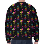 Rainbow Pineapple And Flamingo Print Zip Sleeve Bomber Jacket