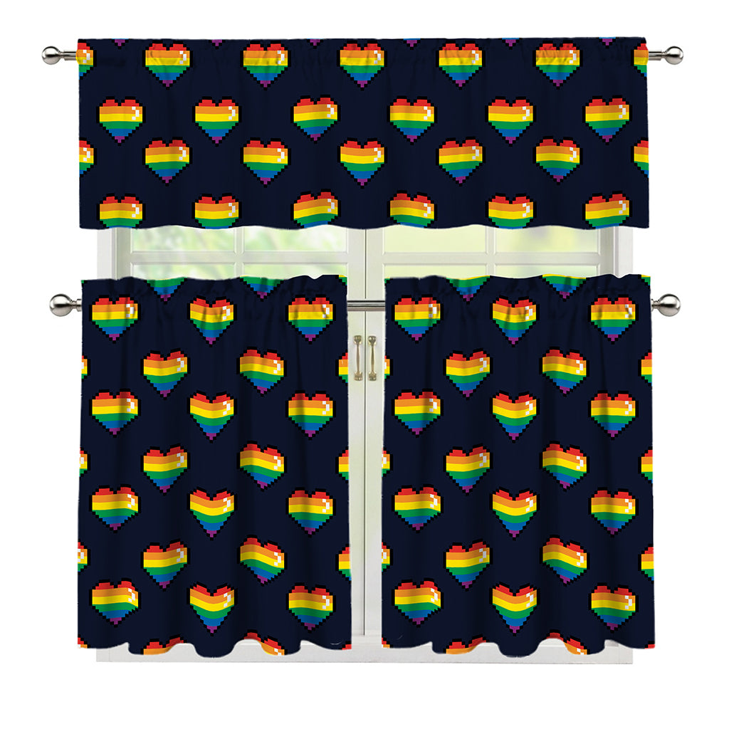 Rainbow Pixel 8-Bit LGBT Pride Heart 3 Piece Kitchen Curtains
