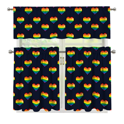 Rainbow Pixel 8-Bit LGBT Pride Heart 3 Piece Kitchen Curtains