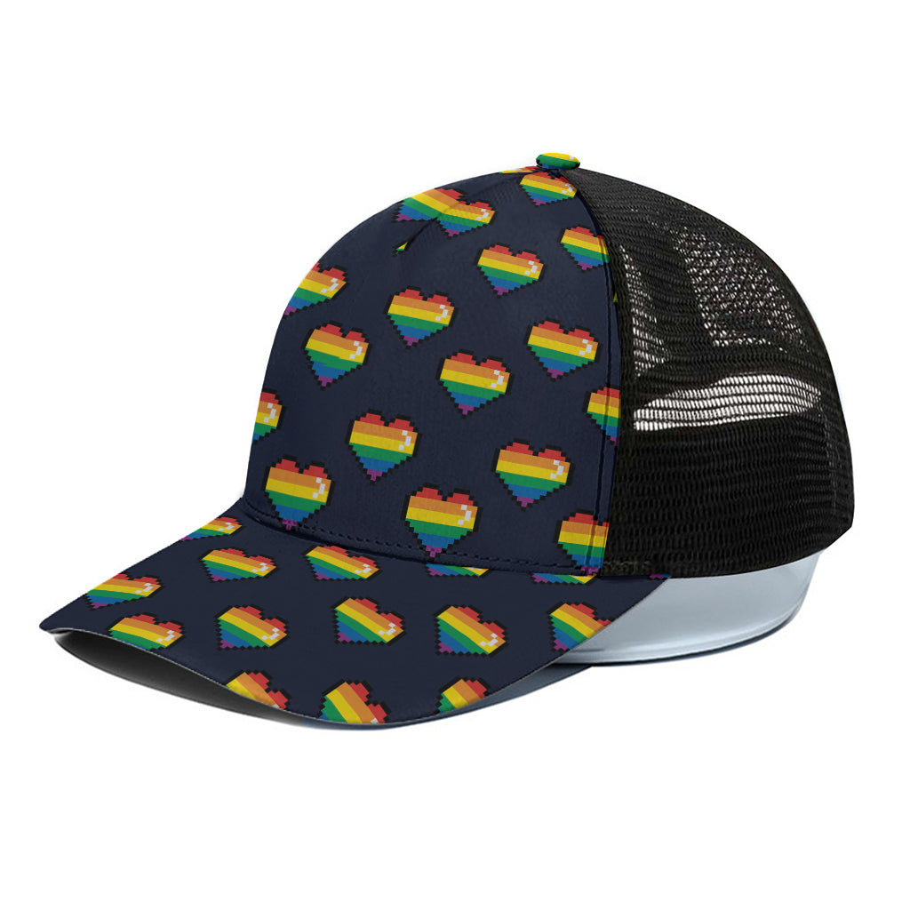 Rainbow Pixel 8-Bit LGBT Pride Heart Black Mesh Trucker Cap