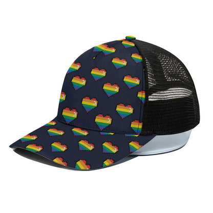 Rainbow Pixel 8-Bit LGBT Pride Heart Black Mesh Trucker Cap