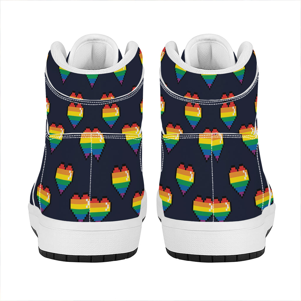 Rainbow Pixel 8-Bit LGBT Pride Heart High Top Leather Sneakers