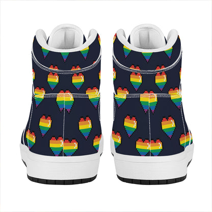 Rainbow Pixel 8-Bit LGBT Pride Heart High Top Leather Sneakers