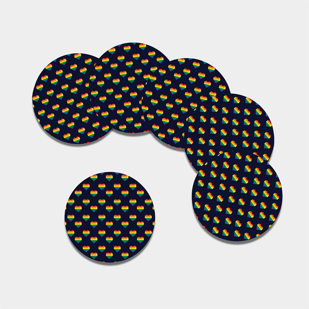 Rainbow Pixel 8-Bit LGBT Pride Heart Leather Coaster Set
