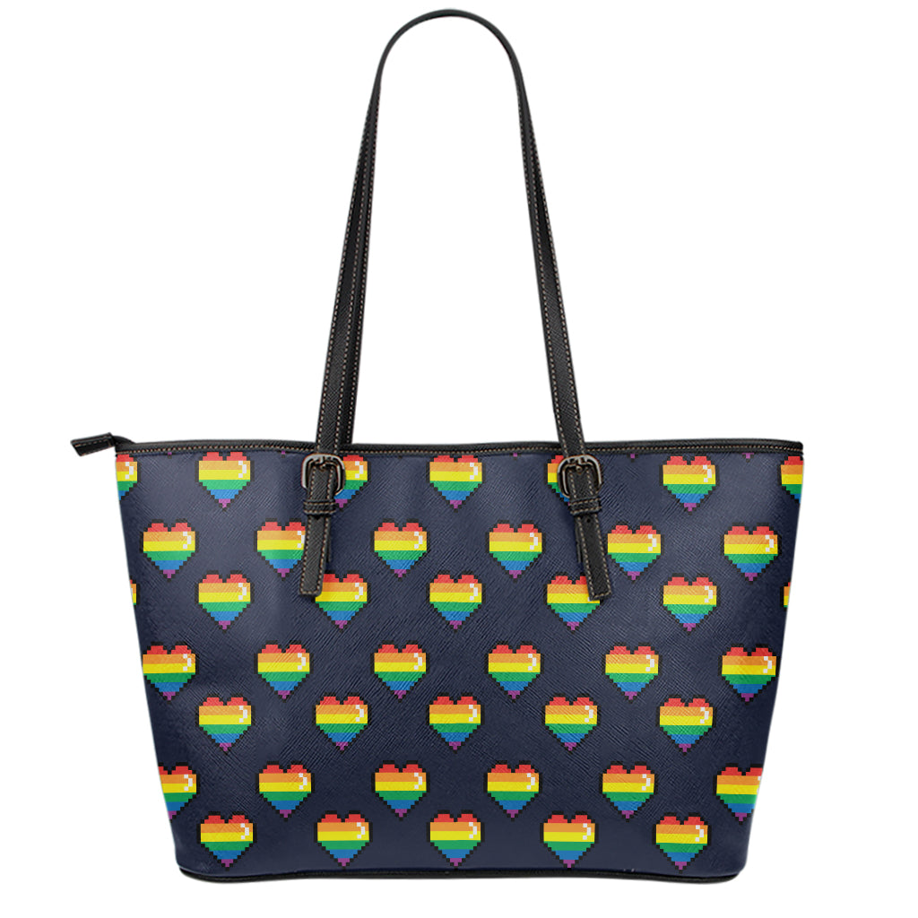 Rainbow Pixel 8-Bit LGBT Pride Heart Leather Tote Bag