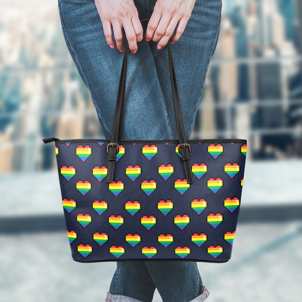 Rainbow Pixel 8-Bit LGBT Pride Heart Leather Tote Bag