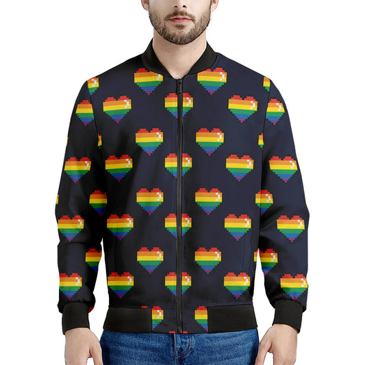 Rainbow Pixel 8-Bit LGBT Pride Heart Men's Bomber Jacket