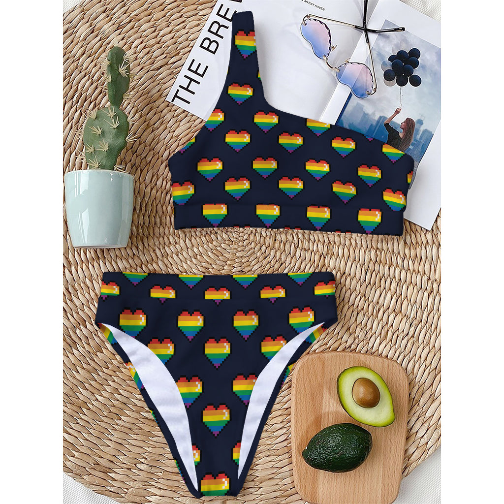 Rainbow Pixel 8-Bit LGBT Pride Heart One Shoulder Bikini Top
