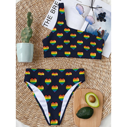 Rainbow Pixel 8-Bit LGBT Pride Heart One Shoulder Bikini Top