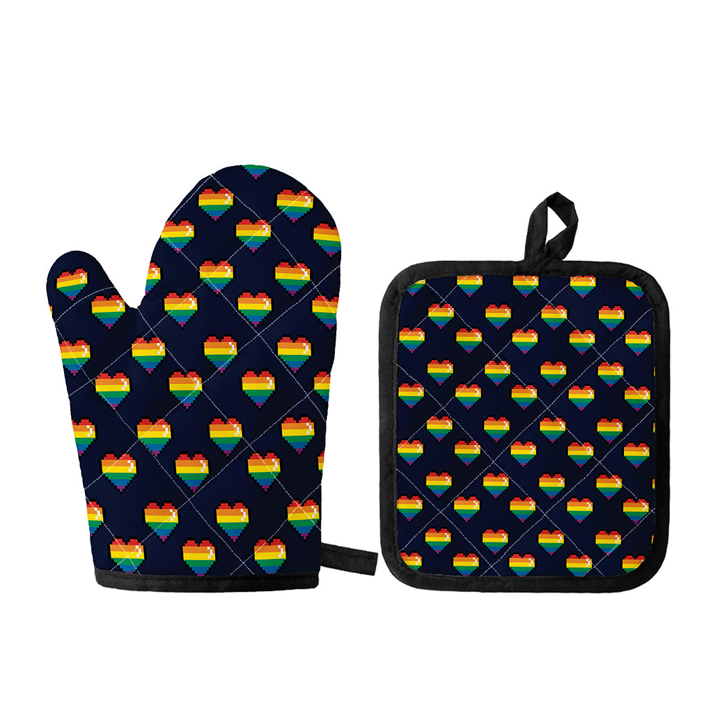 Rainbow Pixel 8-Bit LGBT Pride Heart Oven Mitt And Pot Holder Set