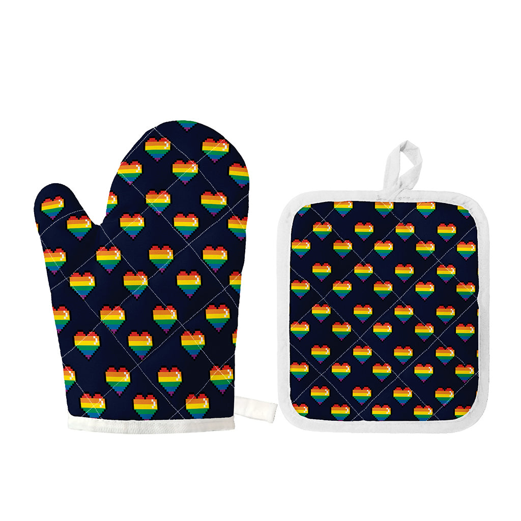 Rainbow Pixel 8-Bit LGBT Pride Heart Oven Mitt And Pot Holder Set