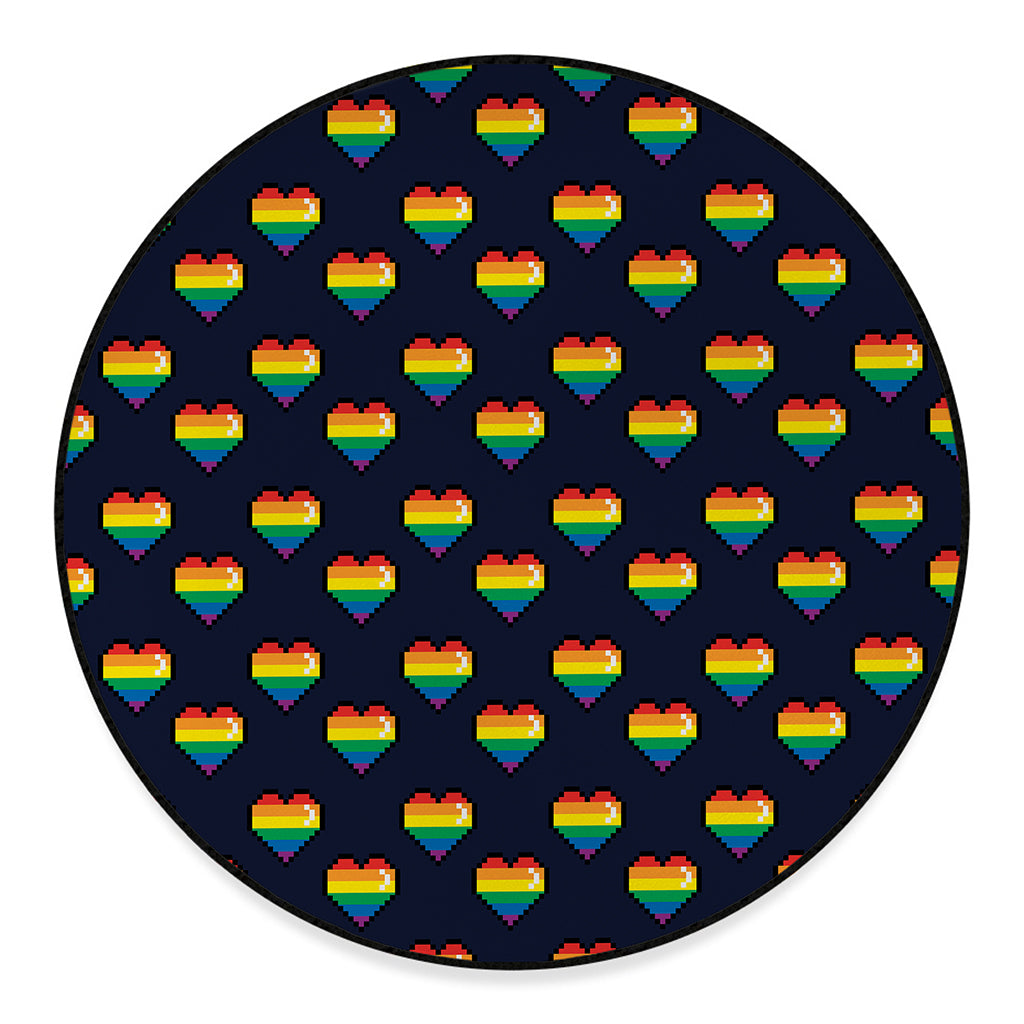 Rainbow Pixel 8-Bit LGBT Pride Heart Round Floor Mat