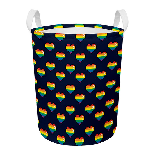 Rainbow Pixel 8-Bit LGBT Pride Heart Round Laundry Basket