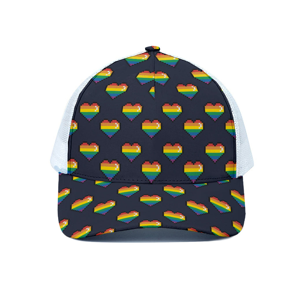 Rainbow Pixel 8-Bit LGBT Pride Heart White Mesh Trucker Cap