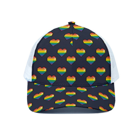 Rainbow Pixel 8-Bit LGBT Pride Heart White Mesh Trucker Cap