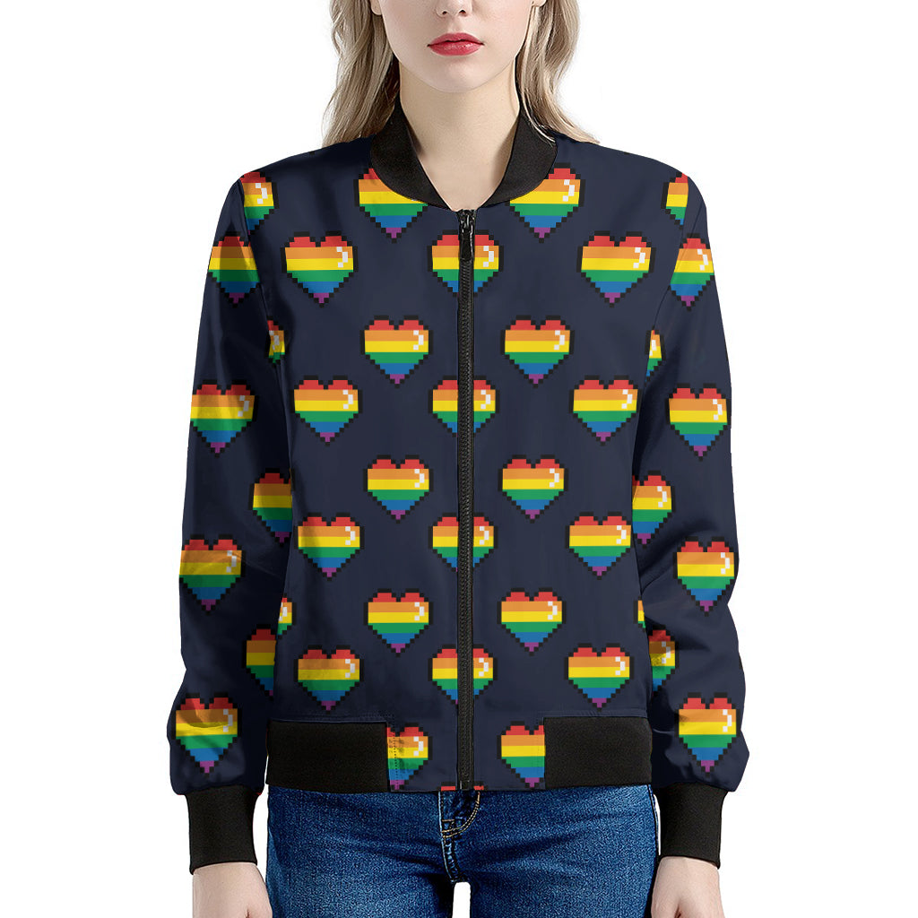 Rainbow Pixel 8-Bit LGBT Pride Heart Women's Bomber Jacket
