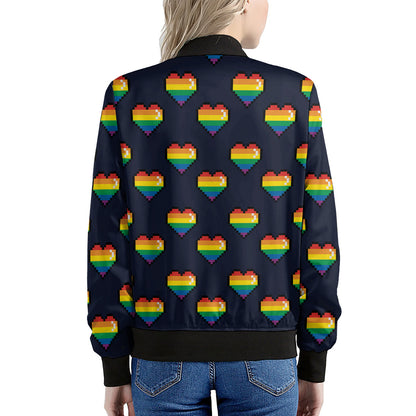 Rainbow Pixel 8-Bit LGBT Pride Heart Women's Bomber Jacket