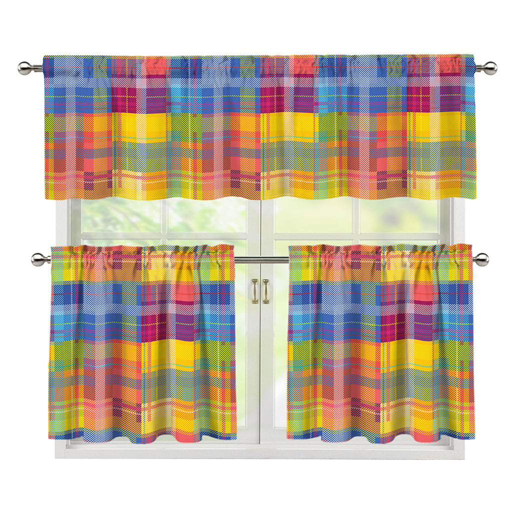 Rainbow Plaid Pattern Print 3 Piece Kitchen Curtains