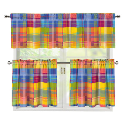 Rainbow Plaid Pattern Print 3 Piece Kitchen Curtains