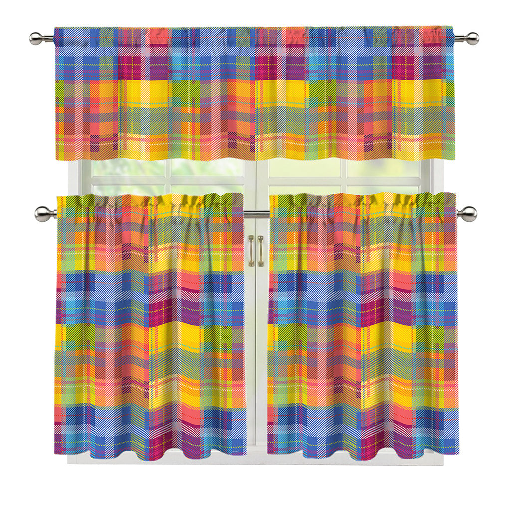 Rainbow Plaid Pattern Print 3 Piece Kitchen Curtains