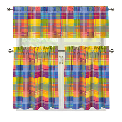 Rainbow Plaid Pattern Print 3 Piece Kitchen Curtains