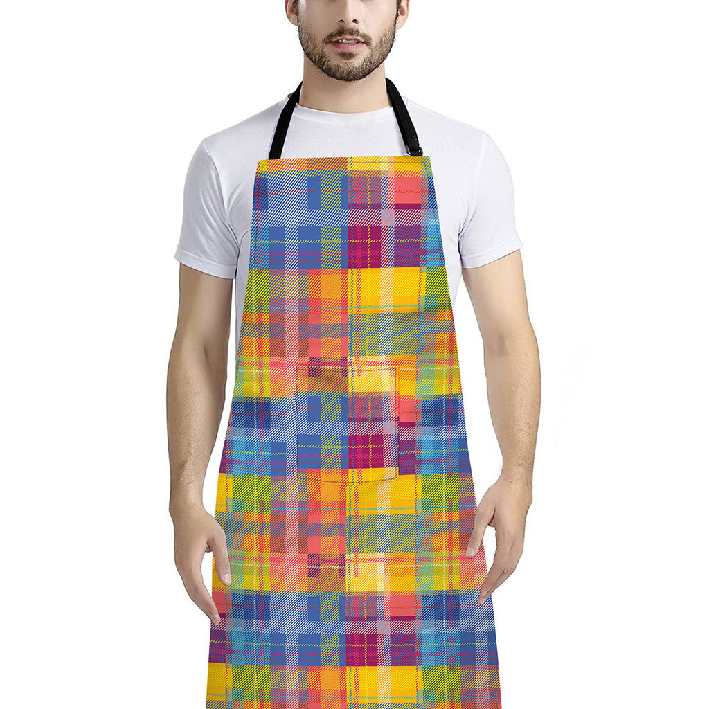 Rainbow Plaid Pattern Print Bib Apron With Pocket