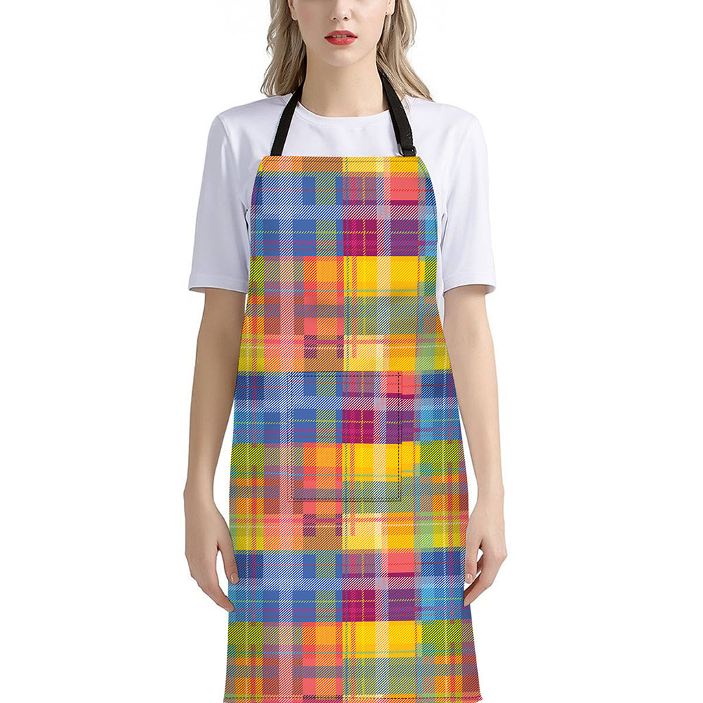 Rainbow Plaid Pattern Print Bib Apron With Pocket