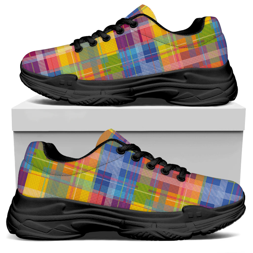 Rainbow Plaid Pattern Print Black Chunky Shoes