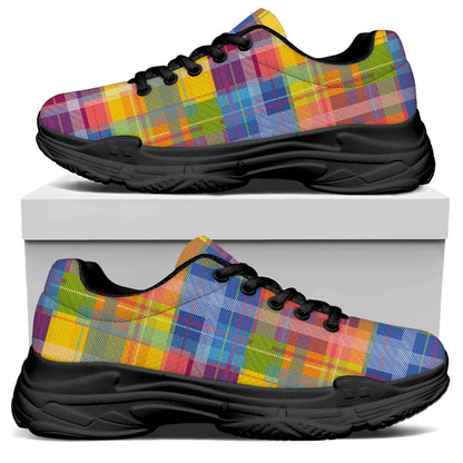 Rainbow Plaid Pattern Print Black Chunky Shoes