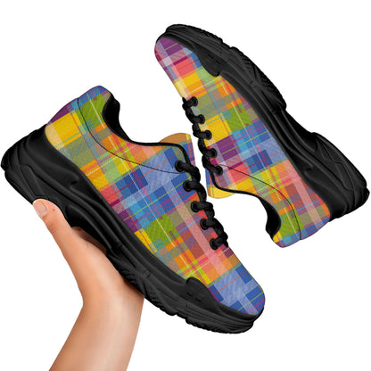 Rainbow Plaid Pattern Print Black Chunky Shoes