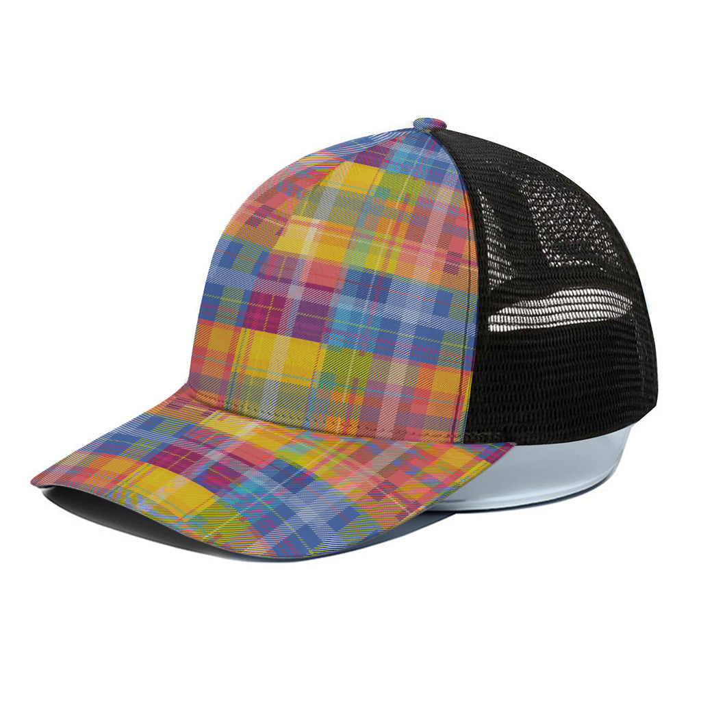 Rainbow Plaid Pattern Print Black Mesh Trucker Cap