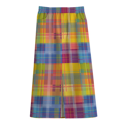 Rainbow Plaid Pattern Print Cotton Front Slit Maxi Skirt