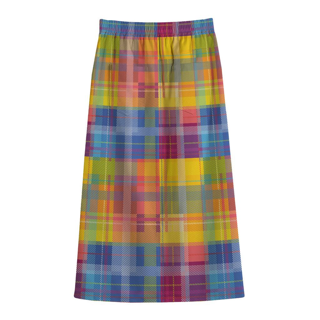 Rainbow Plaid Pattern Print Cotton Front Slit Maxi Skirt