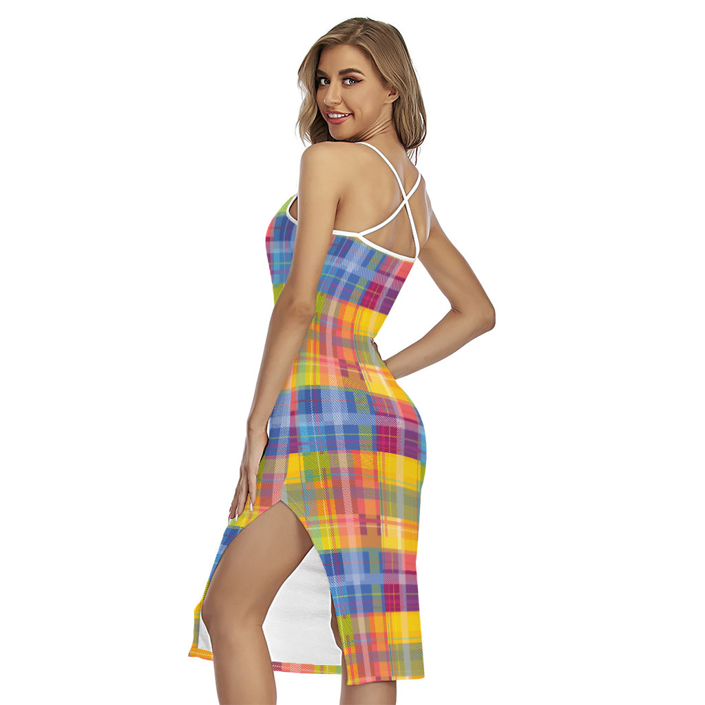 Rainbow Plaid Pattern Print Cross Back Cami Dress