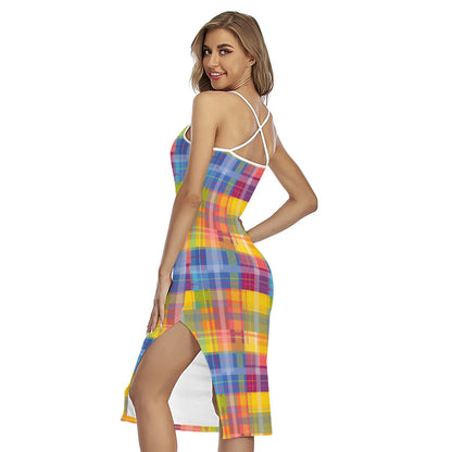 Rainbow Plaid Pattern Print Cross Back Cami Dress