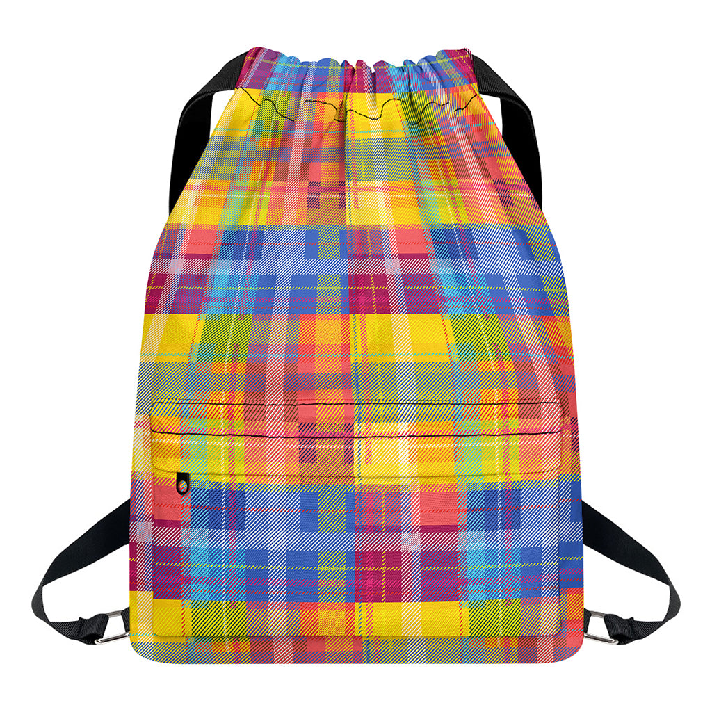 Rainbow Plaid Pattern Print Drawstring Backpack