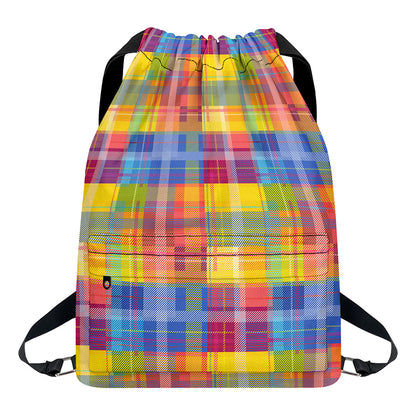 Rainbow Plaid Pattern Print Drawstring Backpack